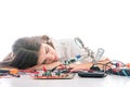 Woman Electronic TechnicianÃÂ Sleeping,ÃÂ Overworked and Tired